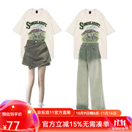 梵奧格（FANAOGE）閨蜜裝學生夏時尚兩件套炸街姐妹套搭配一整套顯瘦短袖牛仔褲 白杏色上衣+牛仔短裙褲 S