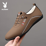 花花公子男鞋真皮透氣一腳蹬休閑鞋軟底防滑開(kāi)車(chē)鞋百搭男士皮鞋 棕色加絨 40