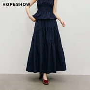 紅袖（hopeshow）裙仙飄飄2025夏季新款女士拼接褶裥a字白色甜美高腰裙 藏青3495 L