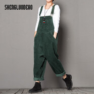 圣羅地奧背帶褲大碼燈芯絨背帶褲女寬松長(cháng)褲色文藝大襠連體垮褲2025春秋新 墨綠色 XM燈芯絨 均碼