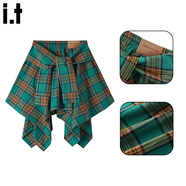 :CHOCOOLATE  it女裝純棉裙子假兩件綁帶短裙女2025秋冬辣妹不規則格子半身裙 綠色 S