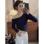 妃麗慕尚（FEILIMUSHANG）純欲撞色拼接修身打底衫女內搭早秋設計感露肩假兩件長(cháng)袖t恤上衣 1706藏藍色 L 【建議100-110斤內】