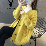 花花公子（PLAYBOY）2025早秋新款V領(lǐng)中長款麻花口袋針織開衫女純色毛衣寬松長袖外套 黃色官方旗艦版 S