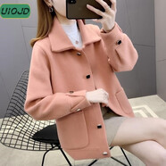 UIOJD雙面毛呢外套女2025秋冬新款韓版寬松仿水貂毛開(kāi)衫加厚短款上衣 橘粉色 M 95斤-110斤