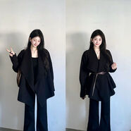 OLiSi2025新款慵懶風(fēng)韓系高級感黑色翻領(lǐng)針織開(kāi)衫毛衣外套女早秋小個(gè)子 黑色 S