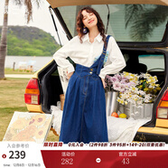 兩三事復古牛仔背帶裙女2025春季新款冬季新款牛仔裙半身裙裙子一人相伴 牛仔藍預售 M