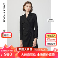 朗姿設計感ol風(fēng)氣質(zhì)顯瘦西裝裙冬季新款法式長(cháng)袖高級感連衣裙 黑色 L