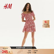 H&M女裝連衣裙2025夏新款方領(lǐng)縮褶皺感設計感碎花裙連身裙1277412 白色/紅色圖案 XL 175/116