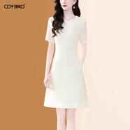 歐迪鳥(niǎo)小個(gè)子短袖連衣裙女2025夏季新款高級感氣質(zhì)釘珠純色顯瘦裙子 杏色 M