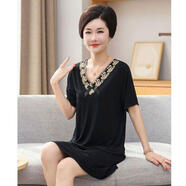 南極人夏季中長(cháng)款純棉中老年棉質(zhì)連衣裙夏睡裙女短袖中年媽媽 黑色 南極人-91455 4 XL