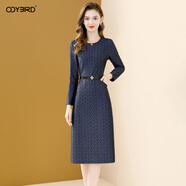 歐迪鳥(niǎo)（ODYBIRD）法式印花連衣裙女2025秋季新款修身顯瘦長(cháng)袖氣質(zhì)開(kāi)叉中長(cháng)裙子 藍色 2XL