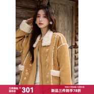 謎秀花朵刺繡皮毛一體外套女2025冬復古毛絨翻領(lǐng)保暖短外套 駝色 M