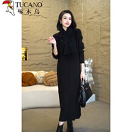 啄木鳥(niǎo)圣誕節新年過(guò)年戰袍紅色圍脖可拆卸毛衣裙女秋冬季打底針織連衣裙 黑色【連身裙/圣誕穿搭/裙子女秋冬/連衣裙2024 XL 135-155斤