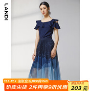 藍地（LANDI）藏藍色網(wǎng)紗印花百褶半身裙女夏季新款中長(cháng)款半裙 藏青色 M