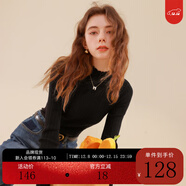 三彩冬款純色坑條針織衫木耳邊半高領(lǐng)修身打底內搭簡(jiǎn)約女 經(jīng)典黑 S