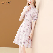 歐迪鳥(niǎo)新中式改良真絲連衣裙2025夏季新款荷葉邊立領(lǐng)桑蠶絲印花裙子 花色 L