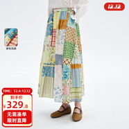 飛鳥(niǎo)和新酒設計感純棉高腰半身裙女2025秋季新款松緊腰顯瘦花腰裙 滿(mǎn)幅圖案竹綠HPG05 L