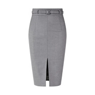 御姐高腰顯瘦前開(kāi)叉西裝半身裙女秋冬灰色中長(cháng)款配腰帶包臀裙子 灰色 XS