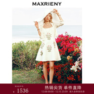 MAXRIENY【商場(chǎng)同款】華麗立體釘珠貼花連衣裙甜美領(lǐng)口釘鉆設計 米白 S 01/34
