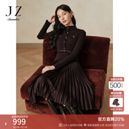 玖姿·安娜蔻秋冬曠野美拉德羊毛假兩件壓褶針織連衣裙女冬款 深咖啡-第二批KWFQ31401 L