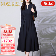 NOSSKISS奢侈高檔品牌長(cháng)袖連衣裙女2025秋季新款法式收腰顯瘦洋氣減齡裙 丈青色 L [建議105-115斤]