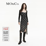 MO&Co.連衣裙含綿羊毛格紋捏褶收腰斜裁裙擺側開(kāi)叉吊帶裙摩安珂 黑白格色 M 165