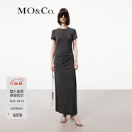MO&Co.連衣裙春夏彈力莫代爾精裁短袖正肩捏褶收腰設計感長(cháng)裙摩安珂 深花灰色 S 160