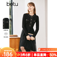 betu百圖女裝秋冬連衣裙小香風(fēng)拼接網(wǎng)紗針織連衣裙收腰修身顯瘦連 黑色 L