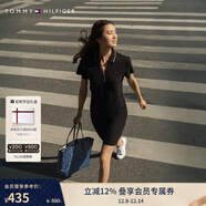 Tommy Hilfiger25秋冬新款女裝珠地網(wǎng)眼氣質(zhì)休閑鑲邊V領(lǐng)顯瘦短袖POLO連衣裙 黑色001 S