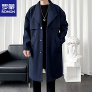 羅蒙（ROMON）中長(cháng)款風(fēng)衣男單排扣翻領(lǐng)大衣秋冬款拼接外穿上衣時(shí)尚帥氣防寒披風(fēng) 藏青色 M