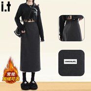 :CHOCOOLATE  it女裝毛呢半身中長(cháng)裙女冬季新款高腰a字包臀裙開(kāi)叉直筒一步裙 灰色【加絨】 L