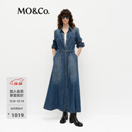 MO&Co.連衣裙春高腰腰帶洗磨棉質(zhì)復古襯衫長(cháng)裙MBE1DRS035 牛仔藍色 M 165