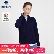 Navigare意大利小帆船女士全羊毛通勤毛衣半開(kāi)領(lǐng)針織衫2334044501 藍 L 