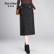 伯西亞品牌小香風(fēng)亮片半身裙女2025秋冬新款高腰顯瘦中長(cháng)款a字包臀一步 黑色 M