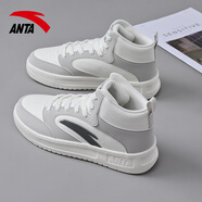 安踏（ANTA）高幫板鞋男秋冬季新款皮面防水厚底增高運動(dòng)鞋經(jīng)典小白鞋板鞋男 【店長(cháng)推薦高幫板鞋】象牙白/灰 42