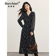 伯西亞品牌黑色碎花V領(lǐng)連衣裙女秋季2025新款法式氣質(zhì)收腰雪紡長(cháng)裙子 藏青底彩花 M