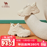 駱駝（CAMEL）老爹鞋女網(wǎng)布皮面拼接秋雙系帶厚底休閑鞋 L24S283079 杏色 37
