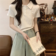 茶小阿翻領(lǐng)正肩白色T恤女短袖新款?lèi)?ài)心刺繡polo領(lǐng)修身顯瘦純棉上衣 白色(純棉版) M (建議80-100斤)
