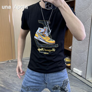 Rogosky香港潮牌男裝夏新款男士短袖t恤鞋子燙鉆絲光修身圓領(lǐng)半袖上衣 黑色 3XL