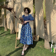 顯瘦法式喇叭袖v領(lǐng)印花夏季休閑淑女荷葉邊公主裙新款夏天復古 藍色 M