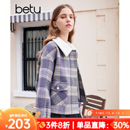 百圖betu女裝秋冬新款短外套復古格紋拼接羊羔毛領(lǐng)短外套2310T62 紫色 M