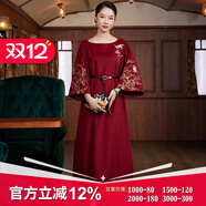 璽玥2025秋冬新款中國風(fēng)刺繡羊毛呢子改良新中式連衣裙原創(chuàng  )國潮裙子 酒紅色 S （體重100內）