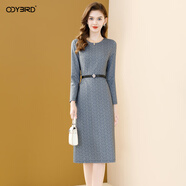 歐迪鳥(niǎo)（ODYBIRD）法式印花連衣裙女2025秋季新款修身顯瘦長(cháng)袖氣質(zhì)開(kāi)叉中長(cháng)裙子 淺藍色 L