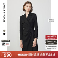 朗姿設計感ol風(fēng)氣質(zhì)顯瘦西裝裙冬季新款法式長(cháng)袖高級感連衣裙 黑色 XL