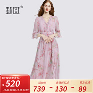 魅斑時(shí)尚淑女印花氣質(zhì)優(yōu)雅V領(lǐng)連衣裙收腰顯瘦仙女裙2025夏季新款 花色 2XL