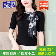 羅蒙品牌圍巾領(lǐng)綁帶短袖T恤 2025夏季新款上衣修身設計感洋氣打底衫女 黑色【短袖】 M 建議85-100斤