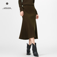 阿瑪施（AMASS）秋冬新款復古A字裙百搭修身松緊高腰半身裙女5200404 橄欖綠 M 3碼
