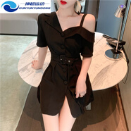 欲動(dòng)時(shí)尚女裝套裝時(shí)髦洋氣款減齡女人味連衣裙小心機系帶設計性感露肩 黑色中高端面料 L 建議108-120斤