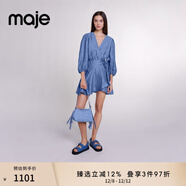 Maje博主同款春夏女裝藍色V領(lǐng)泡泡袖荷葉邊裙擺收腰修身連衣裙 藍色 S (36)