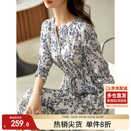 尚都比拉新中式國風(fēng)連衣裙夏裝青花瓷印花氣質(zhì)收腰顯瘦裙子 白底藍花 M